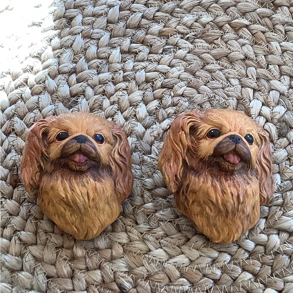 Chalkware Bossons Pekinese Dogs Head Hanging Plaque Vintage Mid-century 2 pc set - Picture 8 of 16